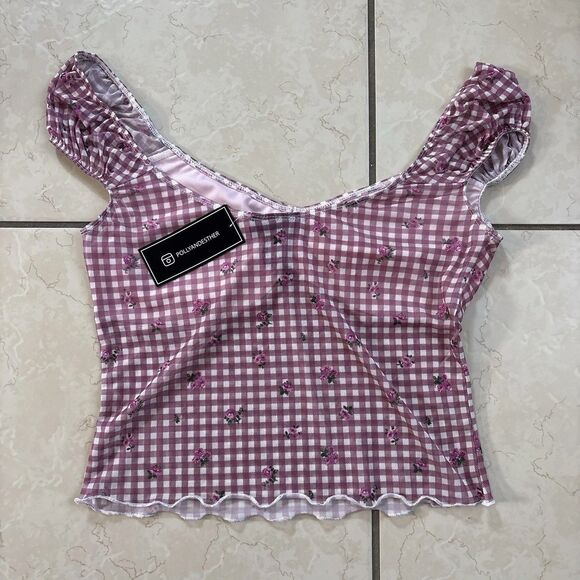 Y2K Just Polly NY Gingham Pink + White Floral Tank Top Women’s Large - Picture 6 of 8